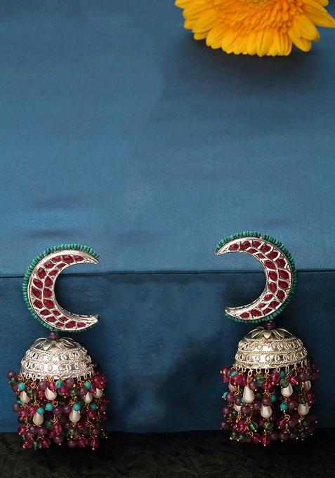 Pink Silver Gold Plated Kundan Pearl Jhumka Earrings