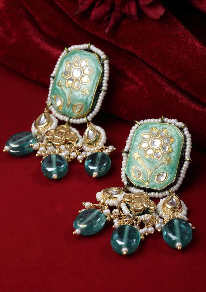 Blue Gold Plated Kundan Pearl Drop Earrings - Indya