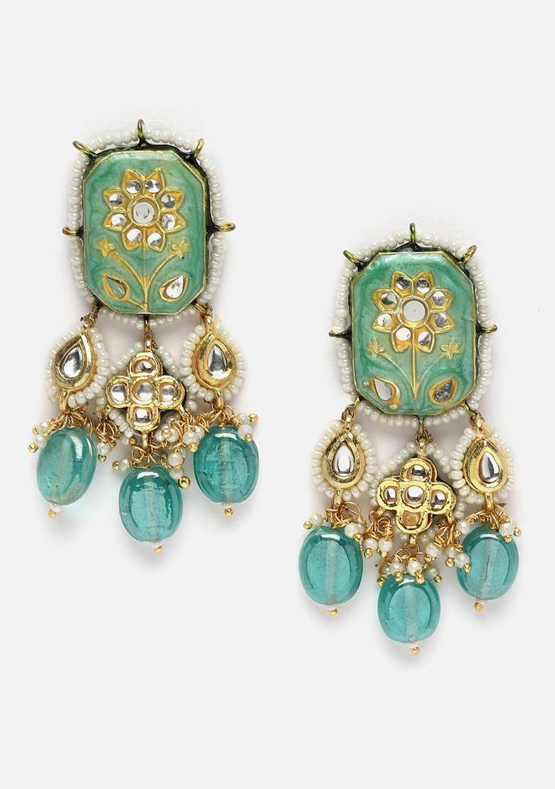 Blue Gold Plated Kundan Pearl Drop Earrings - Indya