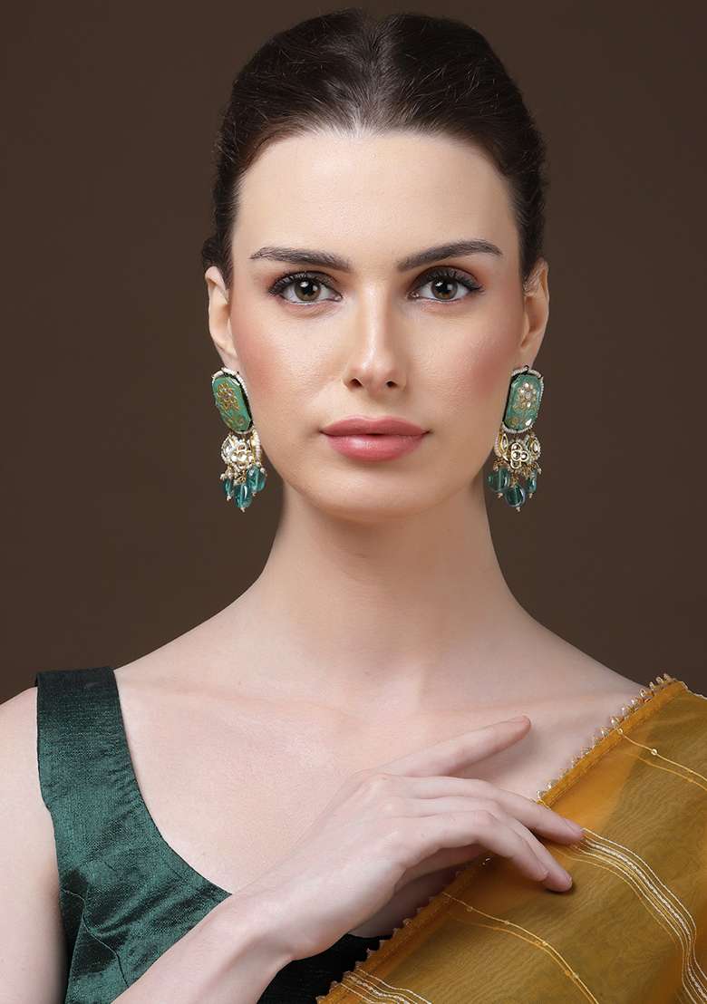 Blue Gold Plated Kundan Pearl Drop Earrings - Indya