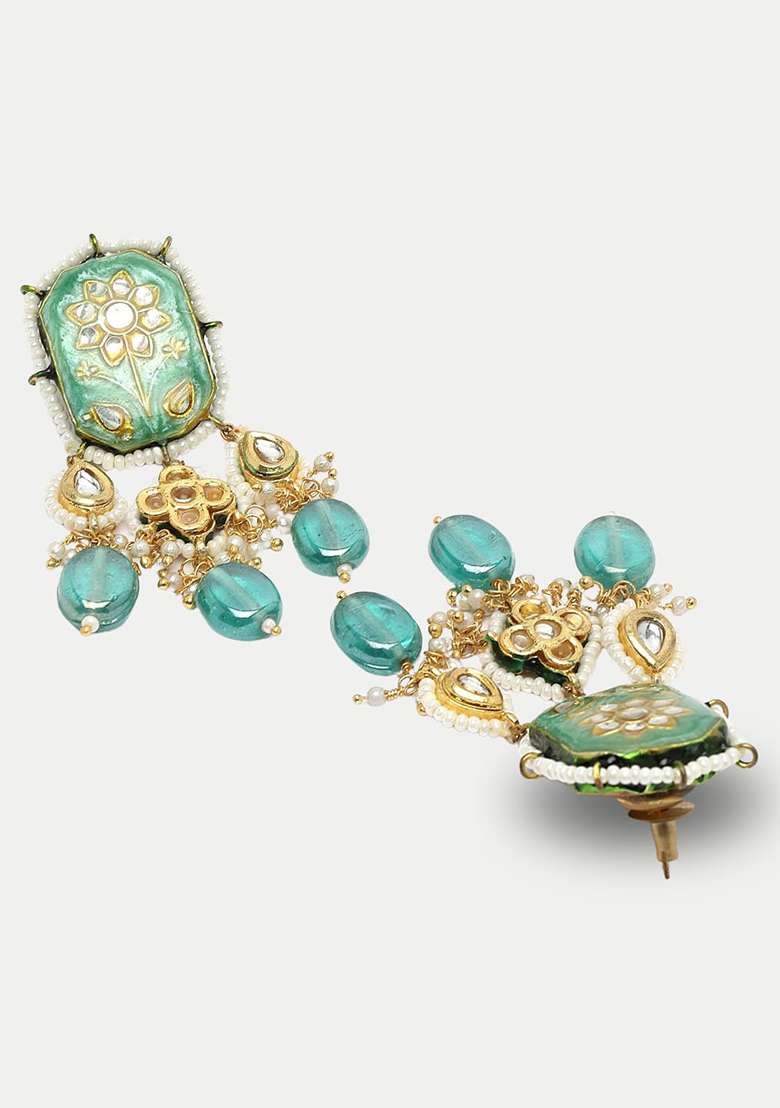 Blue Gold Plated Kundan Pearl Drop Earrings - Indya
