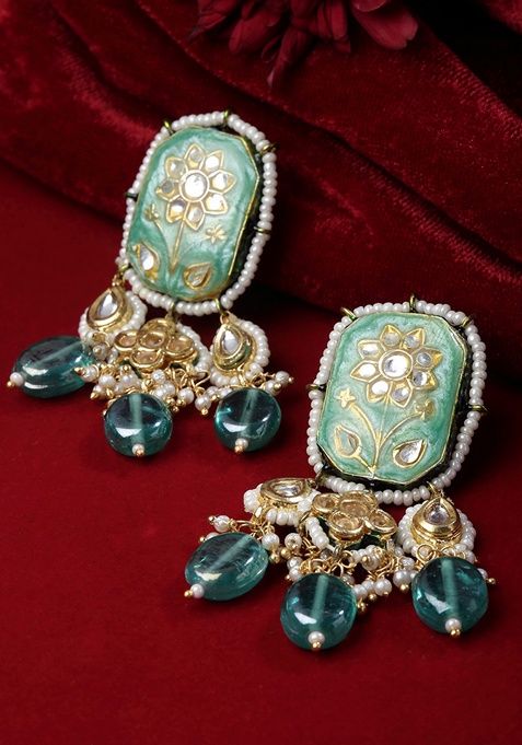 Blue Gold Plated Kundan Pearl Drop Earrings