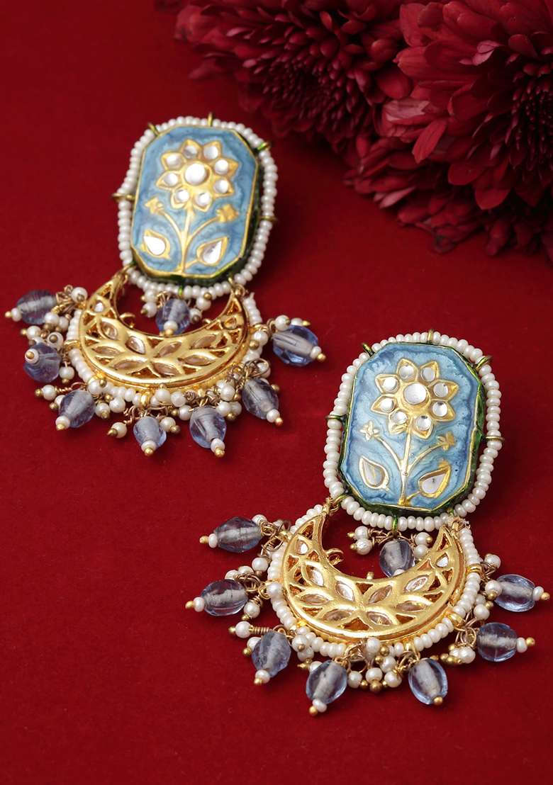 Blue Gold Plated Kundan Pearl Drop Earrings - Indya
