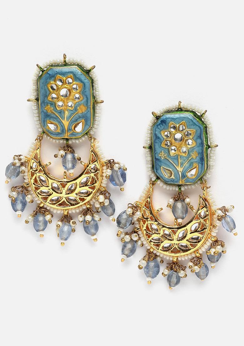 Blue Gold Plated Kundan Pearl Drop Earrings - Indya