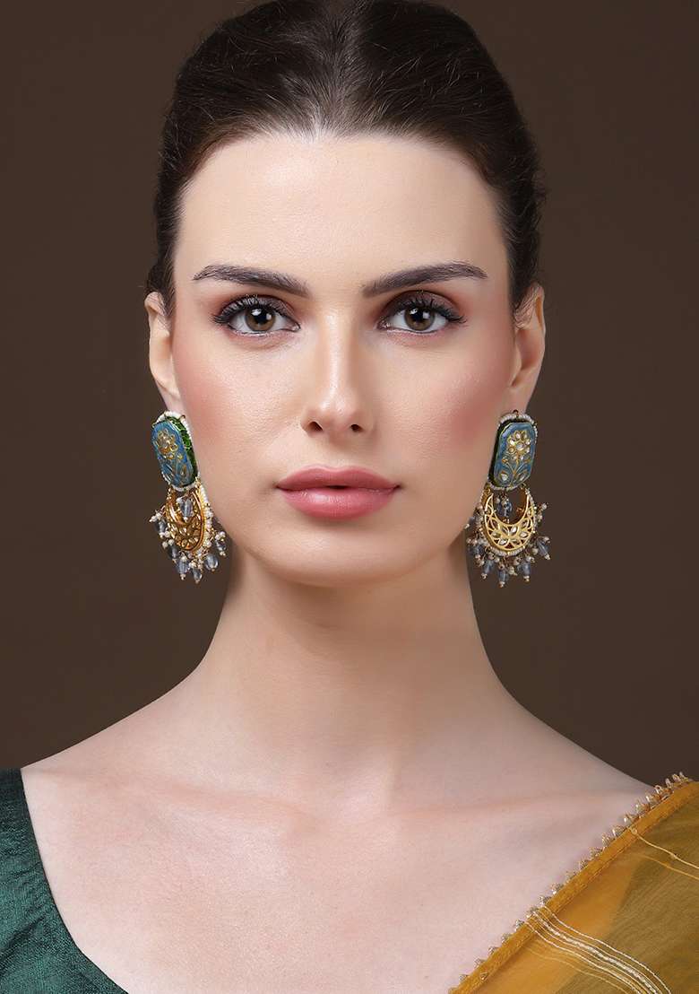 Blue Gold Plated Kundan Pearl Drop Earrings - Indya