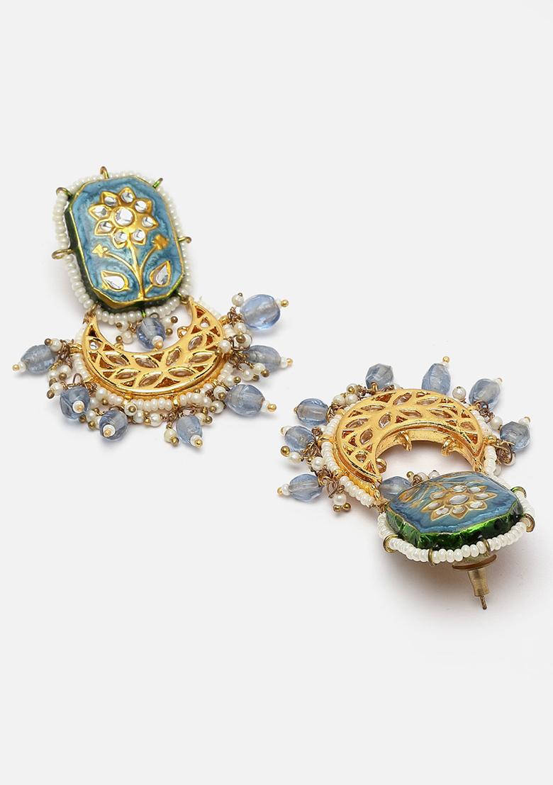 Blue Gold Plated Kundan Pearl Drop Earrings - Indya