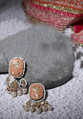 Orange And Cream Gold Plated Kundan Pearl Drop Earrings