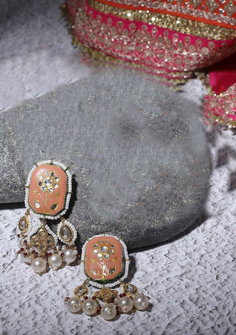 Orange And Cream Gold Plated Kundan Pearl Drop Earrings - Indya