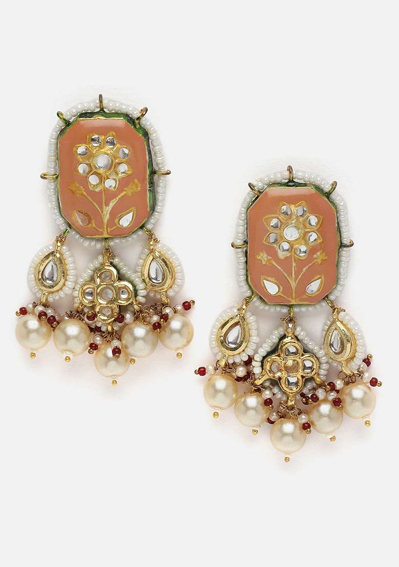 Orange And Cream Gold Plated Kundan Pearl Drop Earrings - Indya