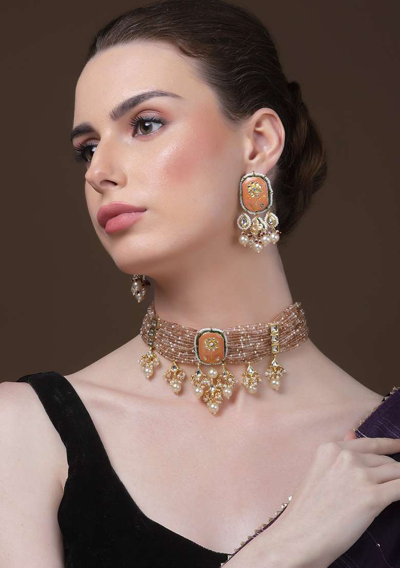Orange And Cream Gold Plated Kundan Pearl Drop Earrings - Indya