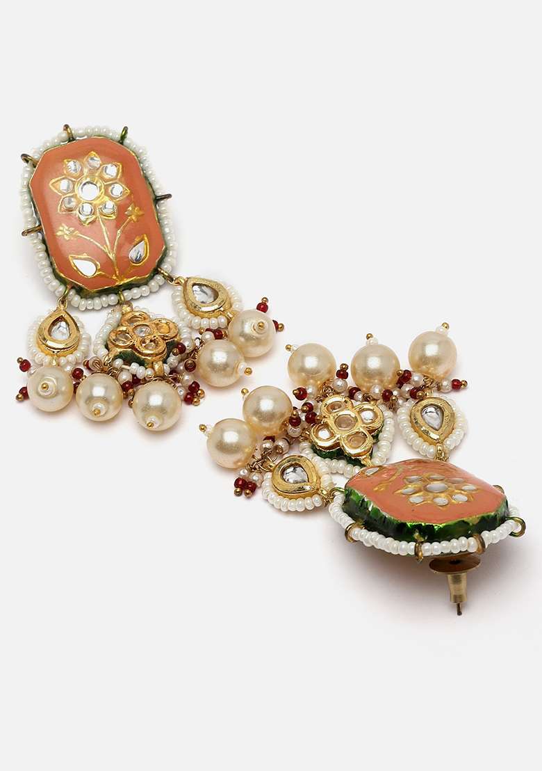 Orange And Cream Gold Plated Kundan Pearl Drop Earrings - Indya