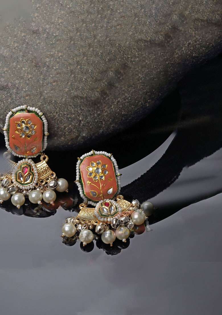Orange And Cream Gold Plated Kundan Pearl Drop Earrings - Indya