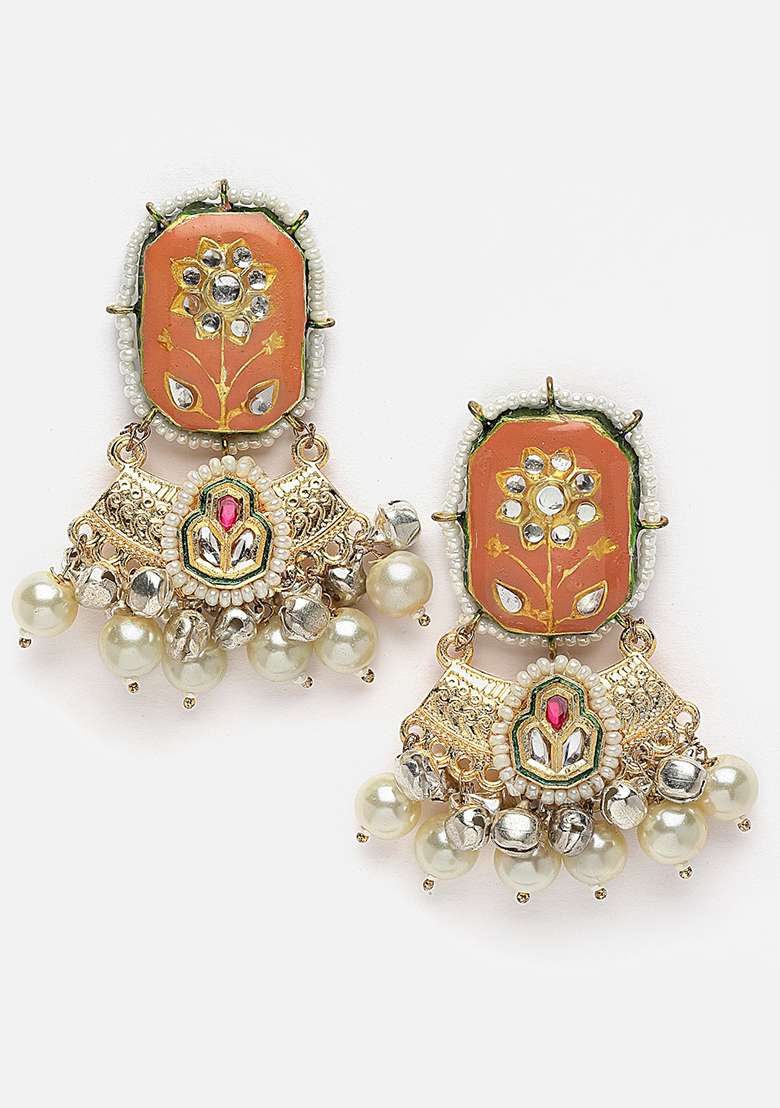 Orange And Cream Gold Plated Kundan Pearl Drop Earrings - Indya