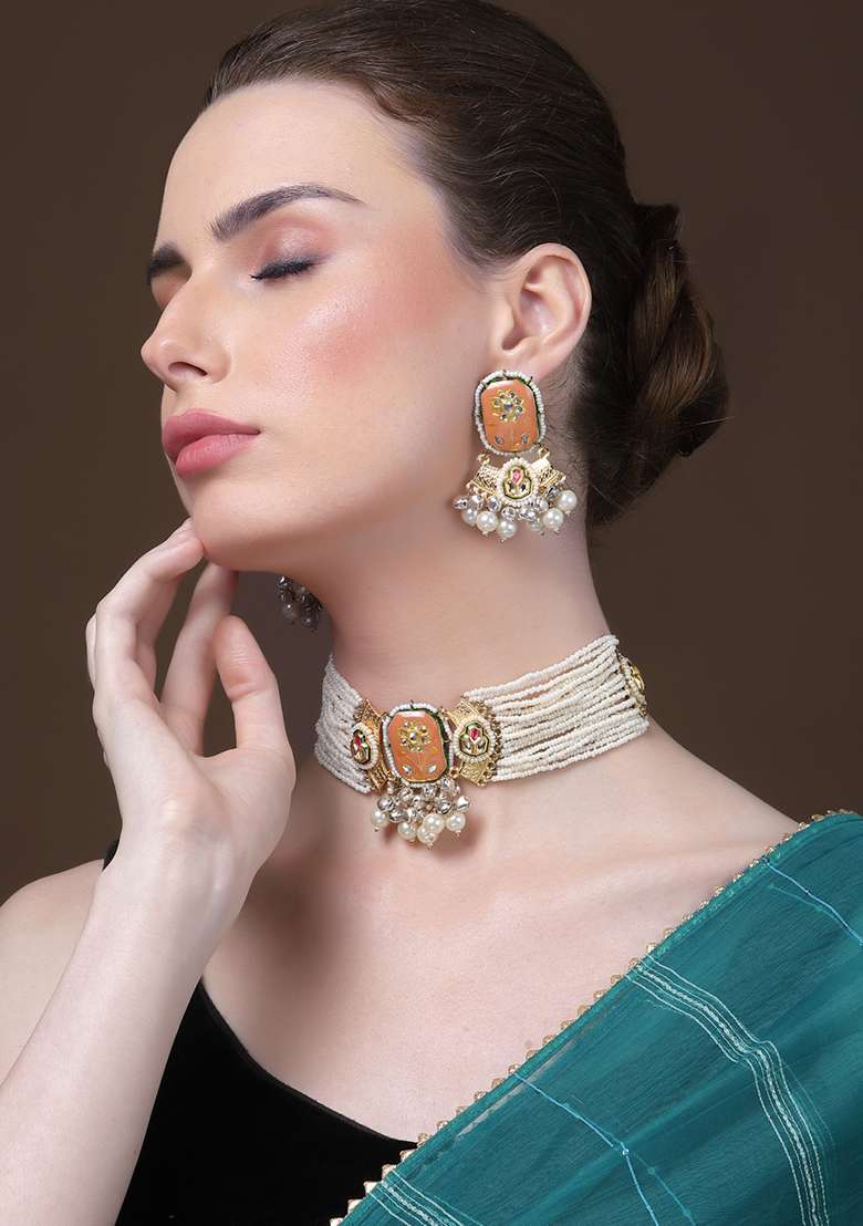Orange And Cream Gold Plated Kundan Pearl Drop Earrings - Indya
