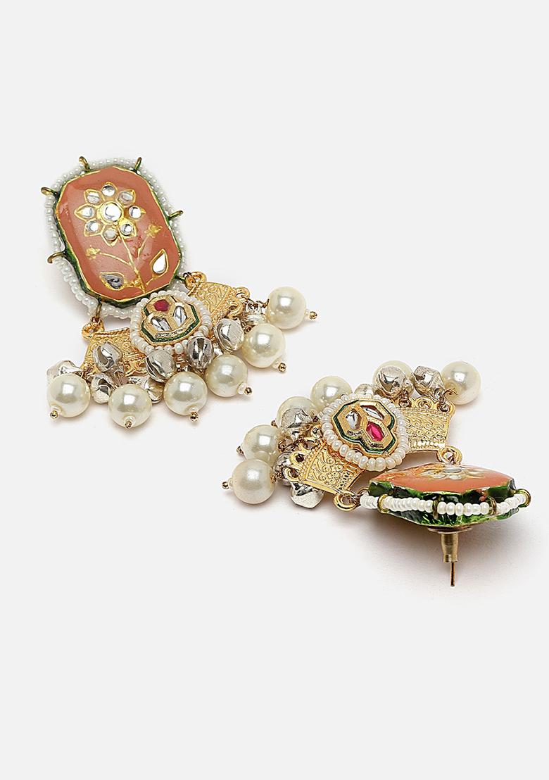 Orange And Cream Gold Plated Kundan Pearl Drop Earrings - Indya