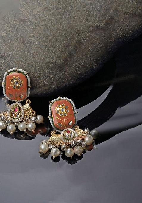 Orange And Cream Gold Plated Kundan Pearl Drop Earrings