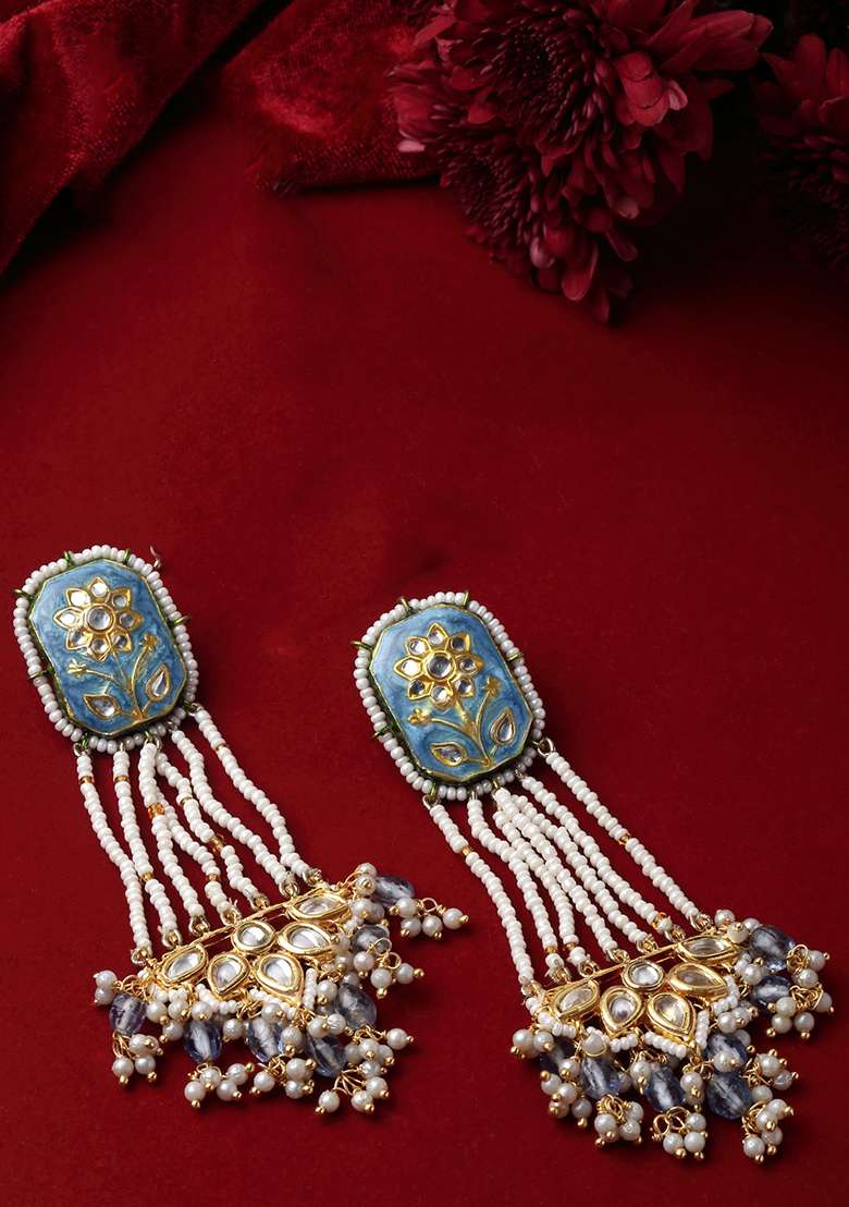 Blue Gold Plated Kundan Pearl Drop Earrings - Indya