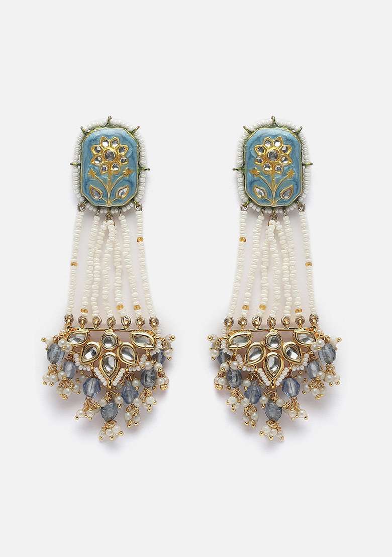 Blue Gold Plated Kundan Pearl Drop Earrings - Indya