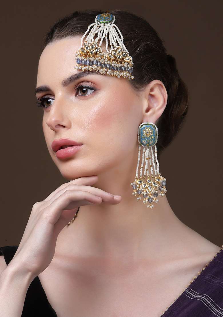 Blue Gold Plated Kundan Pearl Drop Earrings - Indya