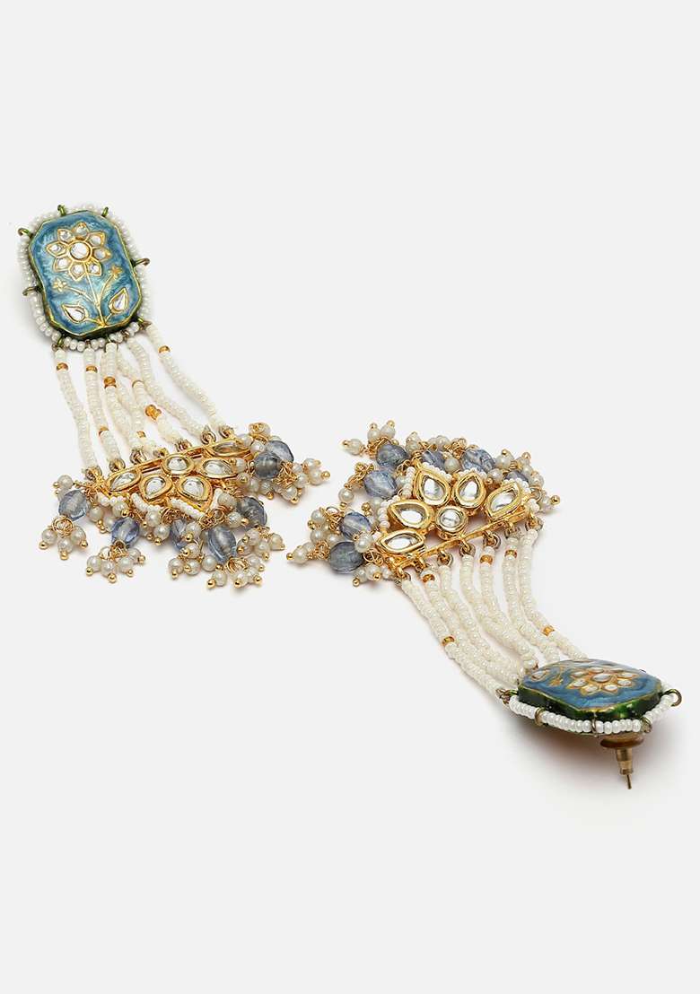 Blue Gold Plated Kundan Pearl Drop Earrings - Indya