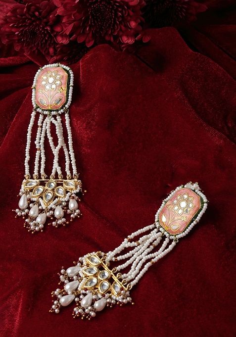 Orange And Red Gold Plated Kundan Pearl Drop Earrings