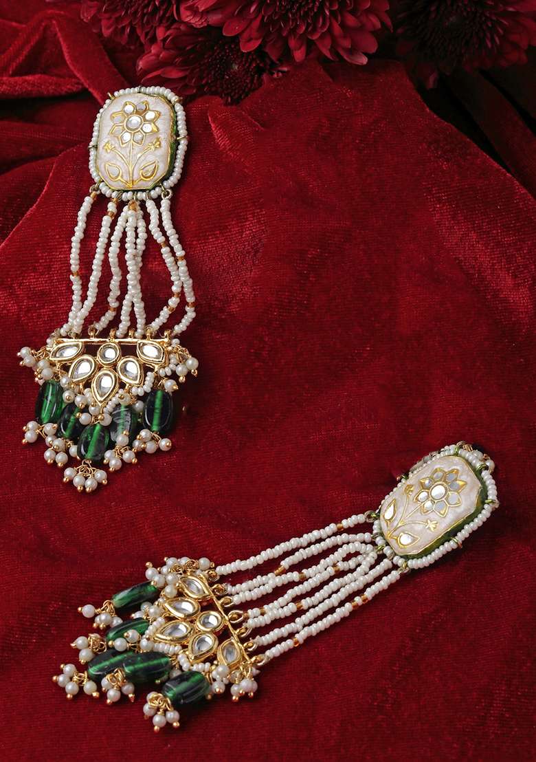 Cream And Green Gold Plated Kundan Pearl Drop Earrings - Indya