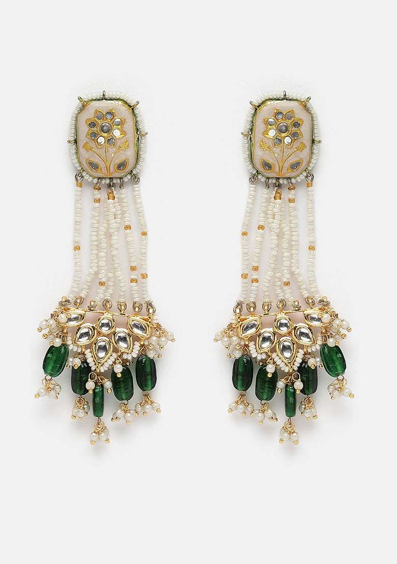 Cream And Green Gold Plated Kundan Pearl Drop Earrings - Indya