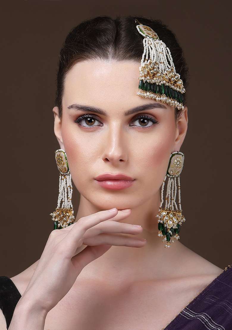 Cream And Green Gold Plated Kundan Pearl Drop Earrings - Indya
