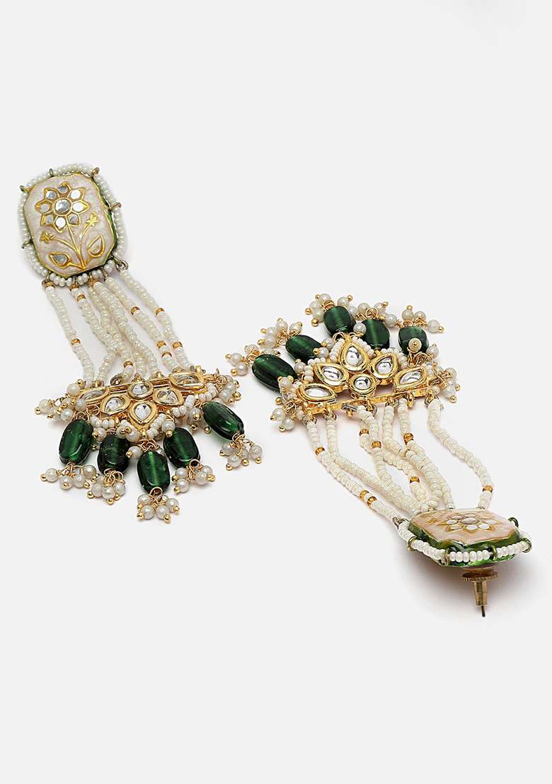 Cream And Green Gold Plated Kundan Pearl Drop Earrings - Indya