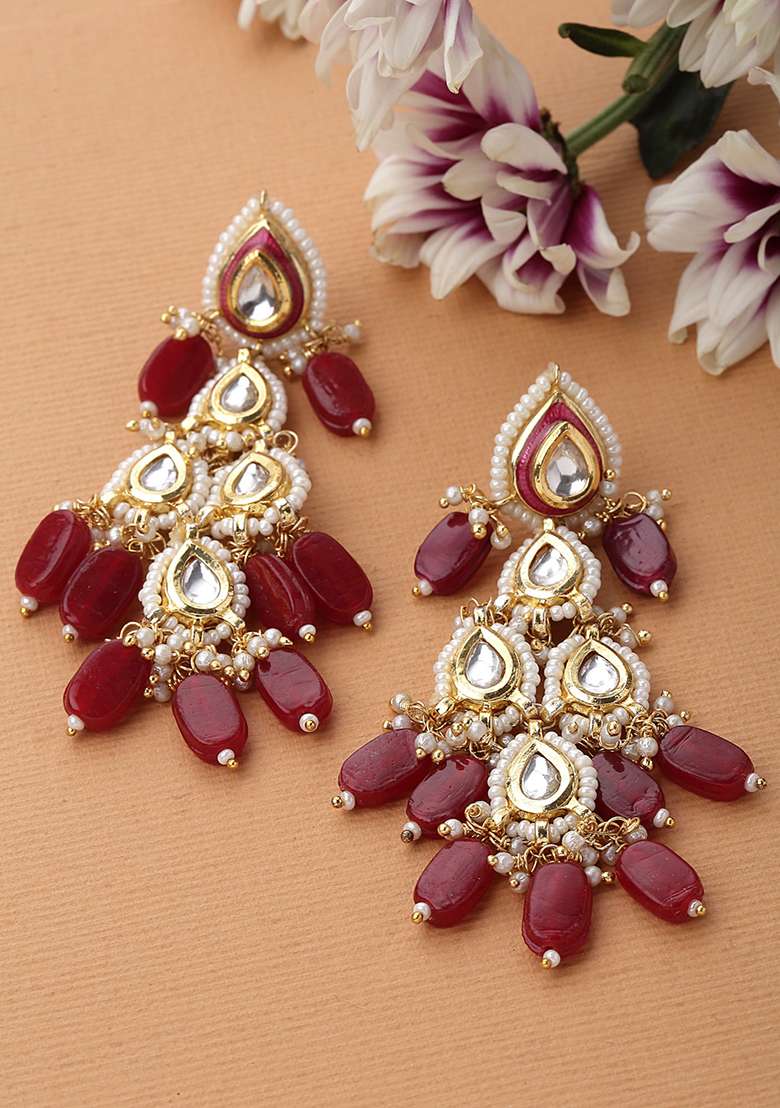 Red Gold Plated Kundan Pearl Drop Earrings - Indya
