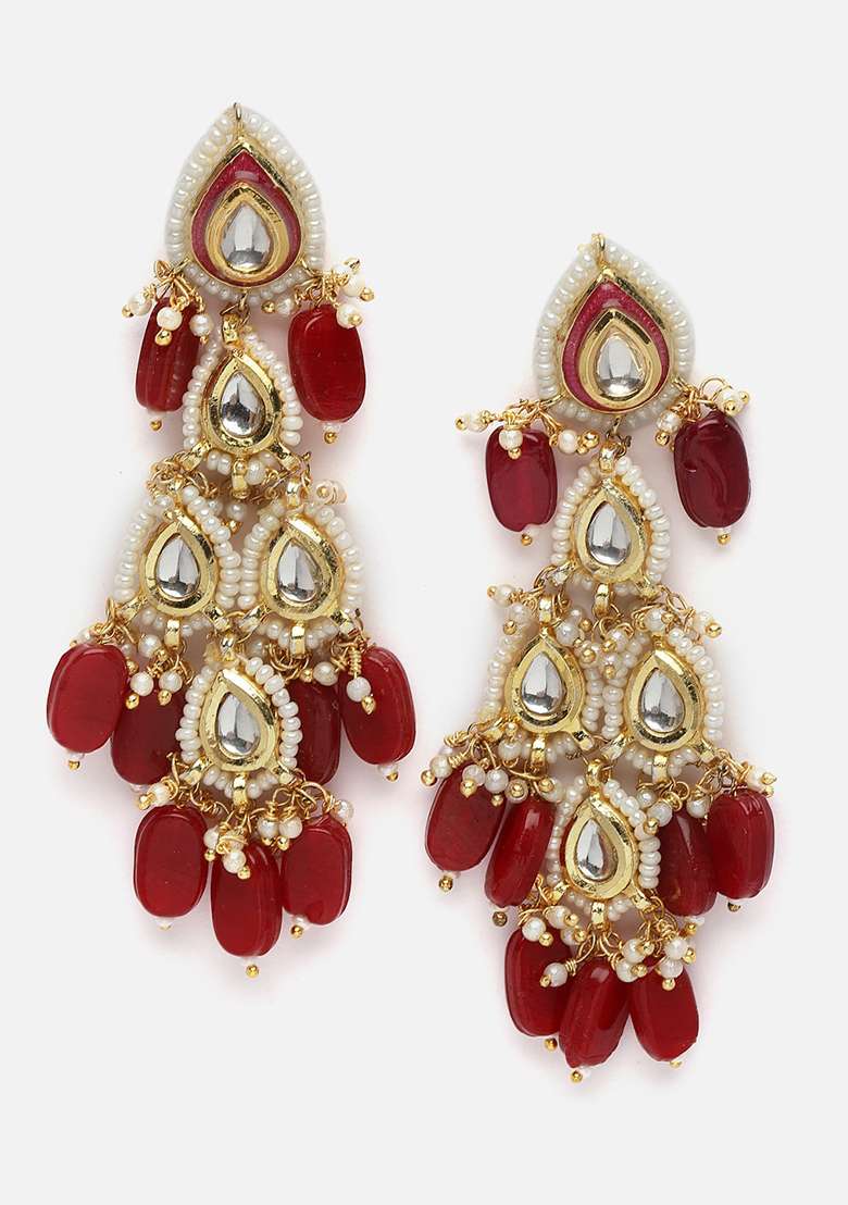 Red Gold Plated Kundan Pearl Drop Earrings - Indya