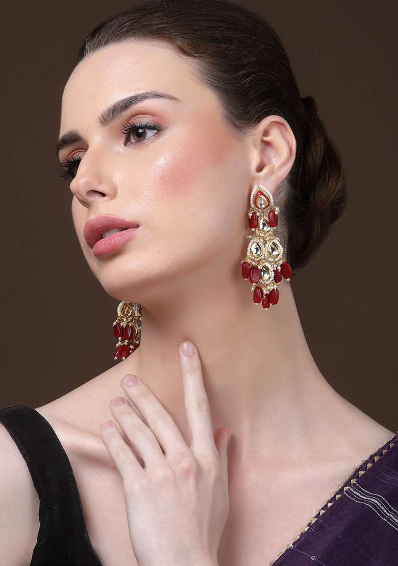 Red Gold Plated Kundan Pearl Drop Earrings - Indya