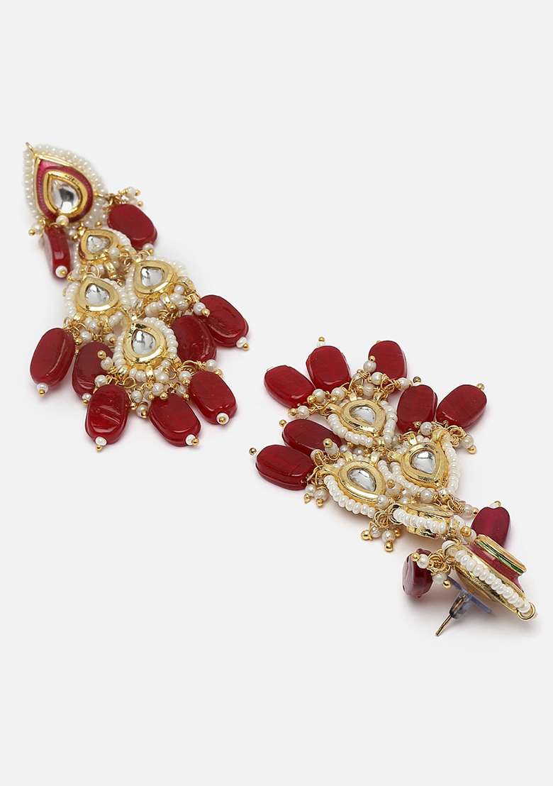 Red Gold Plated Kundan Pearl Drop Earrings - Indya