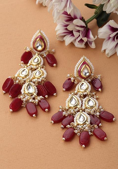 Red Gold Plated Kundan Pearl Drop Earrings