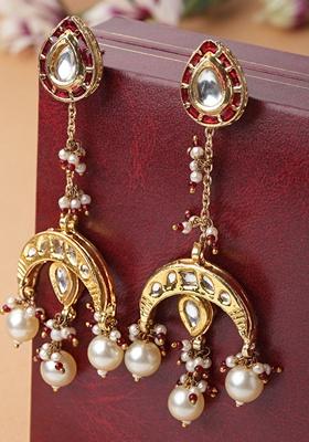 Red Gold Plated Kundan Pearl Drop Earrings