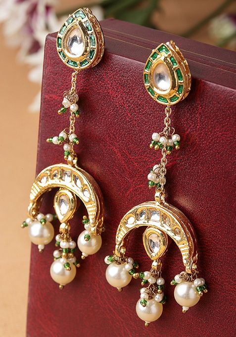 Green And Cream Gold Plated Kundan Pearl Drop Earrings