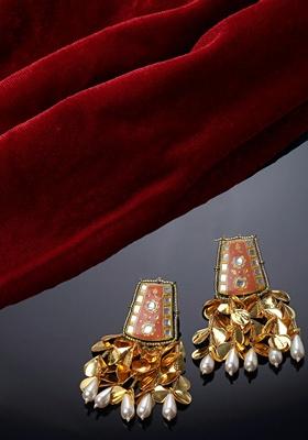 Orange Gold Plated Kundan Pearl Drop Earrings
