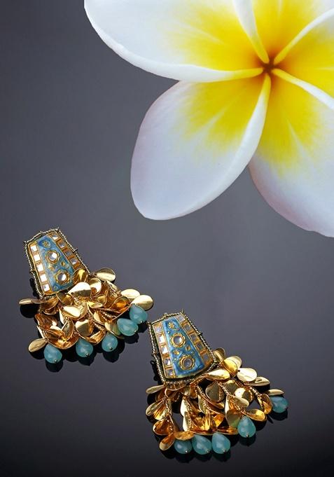 Blue Gold Plated Kundan Pearl Drop Earrings