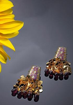 Purple Gold Plated Kundan Pearl Drop Earrings