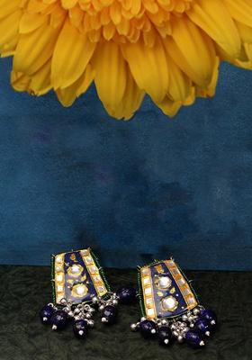 Blue And Green Gold Plated Kundan Pearl Drop Earrings