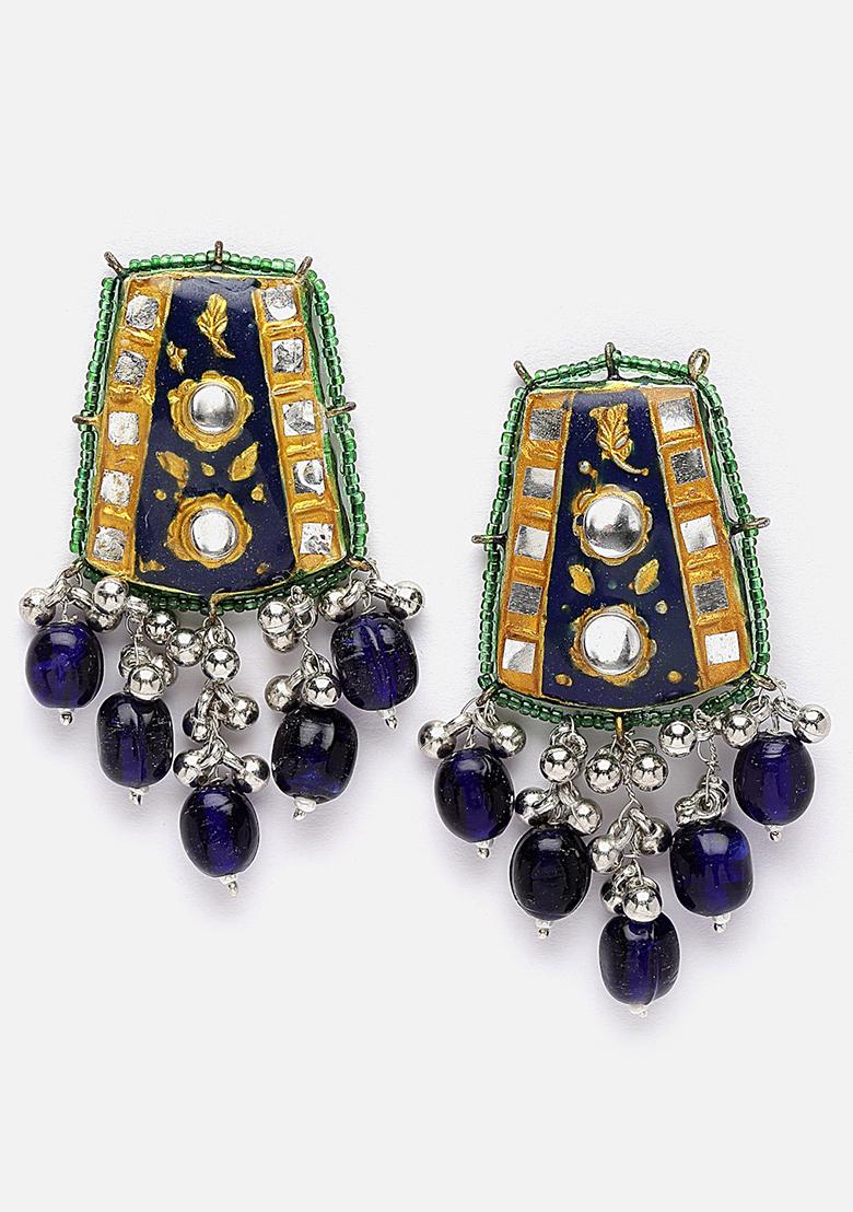 Blue And Green Gold Plated Kundan Pearl Drop Earrings - Indya