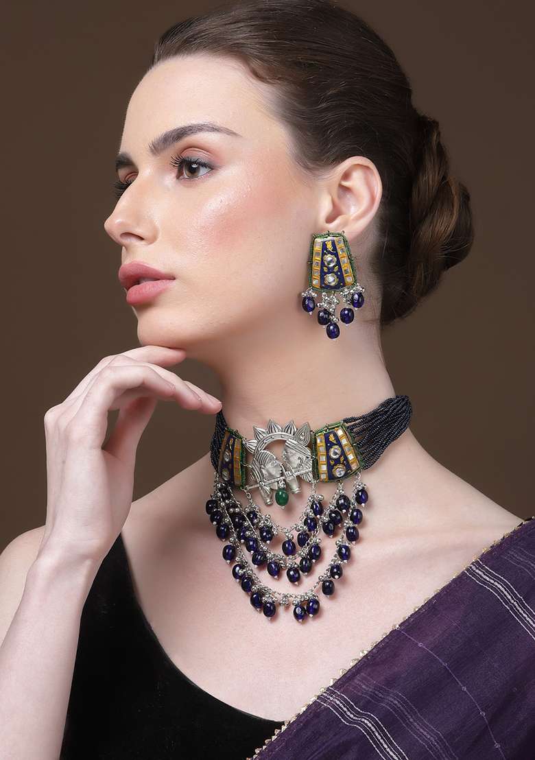 Blue And Green Gold Plated Kundan Pearl Drop Earrings - Indya