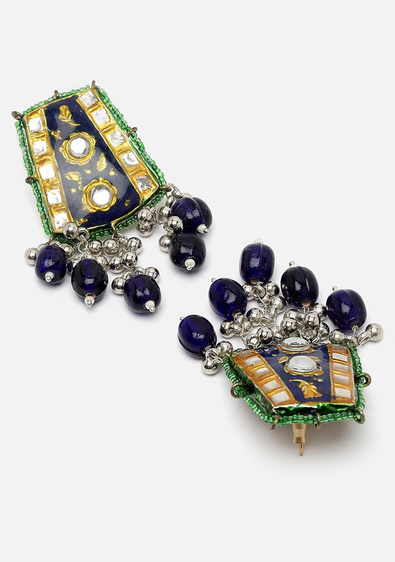 Blue And Green Gold Plated Kundan Pearl Drop Earrings - Indya