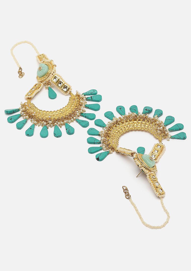 Green And Blue Gold Plated Kundan Pearl Drop Earrings - Indya