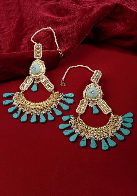 Green And Blue Gold Plated Kundan Pearl Drop Earrings