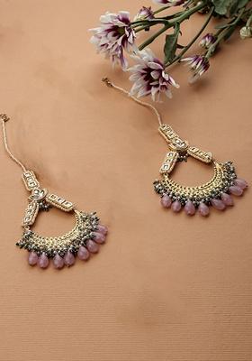 Pink And Green Gold Plated Kundan Pearl Drop Earrings