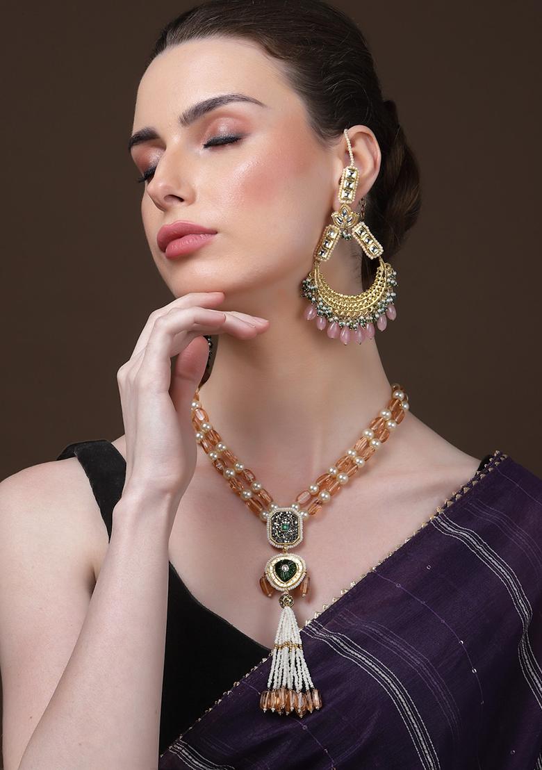 Pink And Green Gold Plated Kundan Pearl Drop Earrings