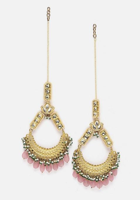 Pink And Green Gold Plated Kundan Pearl Drop Earrings