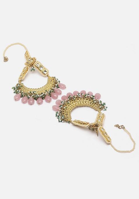 Pink And Green Gold Plated Kundan Pearl Drop Earrings