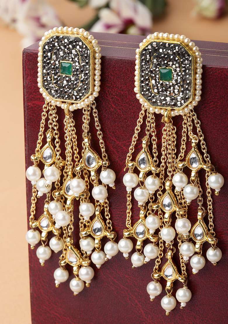 Black And Green Gold Plated Kundan Pearl Drop Earrings - Indya